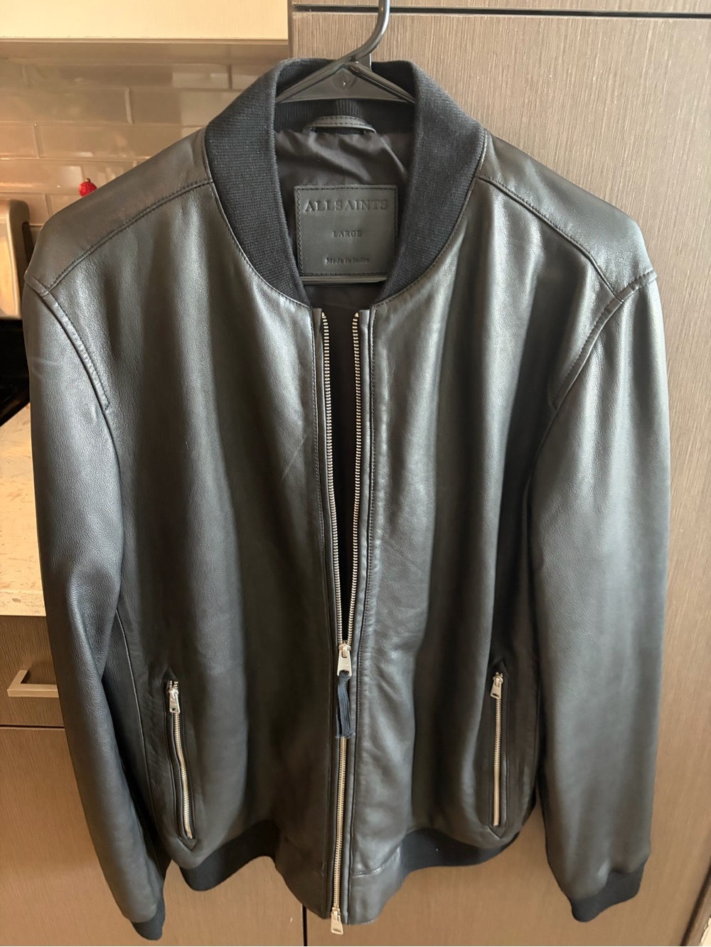 All Saints Black Leather Bomber Jacket with Ribbed Collar